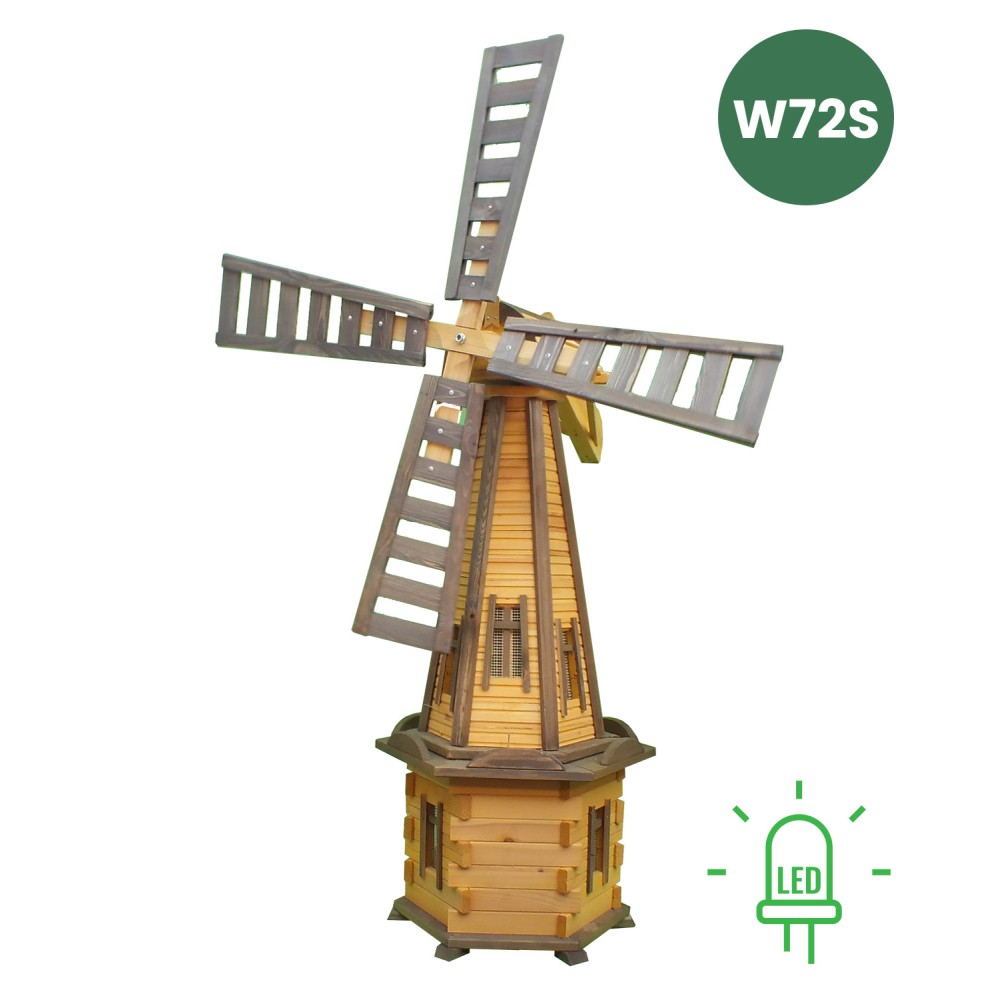 MKSTOR Drevený Solárny veterný mlyn 170cm s LED svetlom, záhradný, otočný, dekoračný W72S