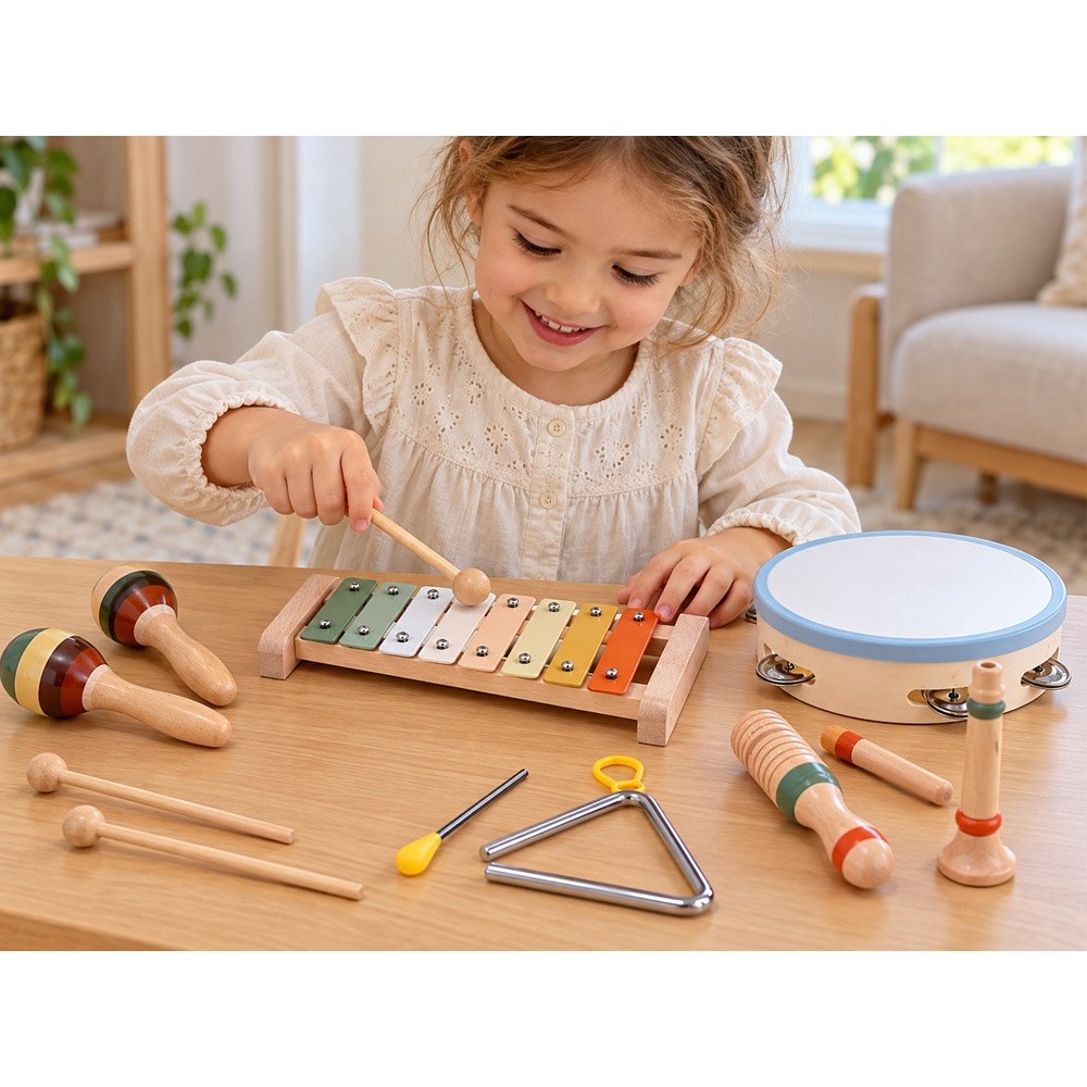 Wooden musical instruments cymbals, tambourine, triangle - 6 pcs IN0191