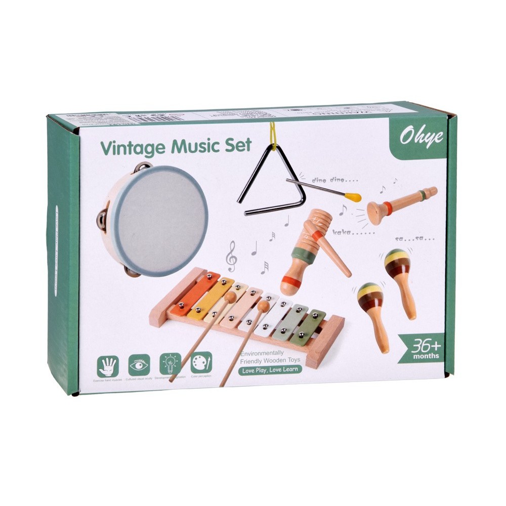 Wooden musical instruments cymbals, tambourine, triangle - 6 pcs IN0191