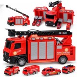 JOKO Rozkladacie Hasičské auto so striekajúcou VODOU, svetlom a zvukom + 4 Hasičské autíčka, červené