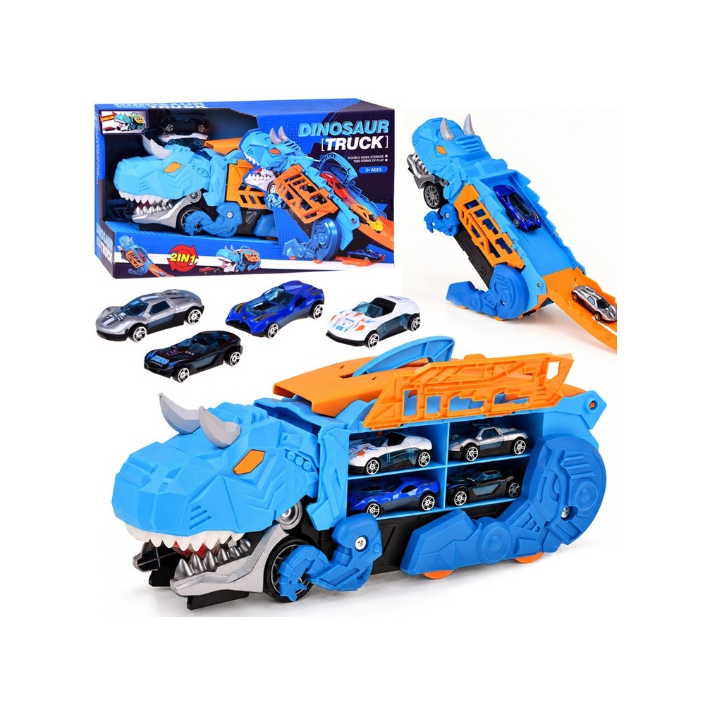 JOKO Rozkladacie auto 2v1 Dinosaurus – garáž v tvare dinosaura, ktorá „požiera“ autíčka + dopravné značky a autíčka