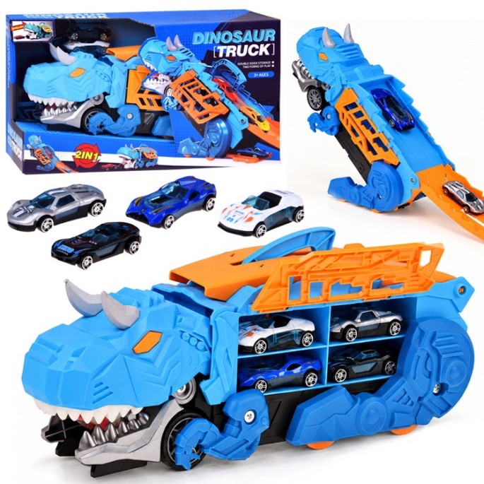 JOKO Rozkladacie auto 2v1 Dinosaurus – garáž v tvare dinosaura, ktorá „požiera“ autíčka + dopravné značky a autíčka
