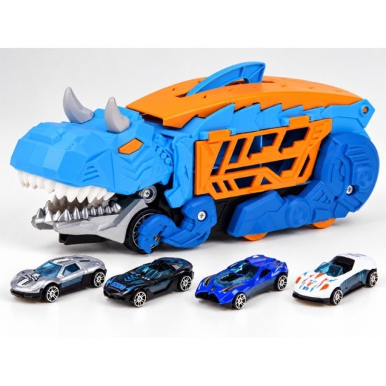 JOKO Rozkladacie auto 2v1 Dinosaurus – garáž v tvare dinosaura, ktorá „požiera“ autíčka + dopravné značky a autíčka