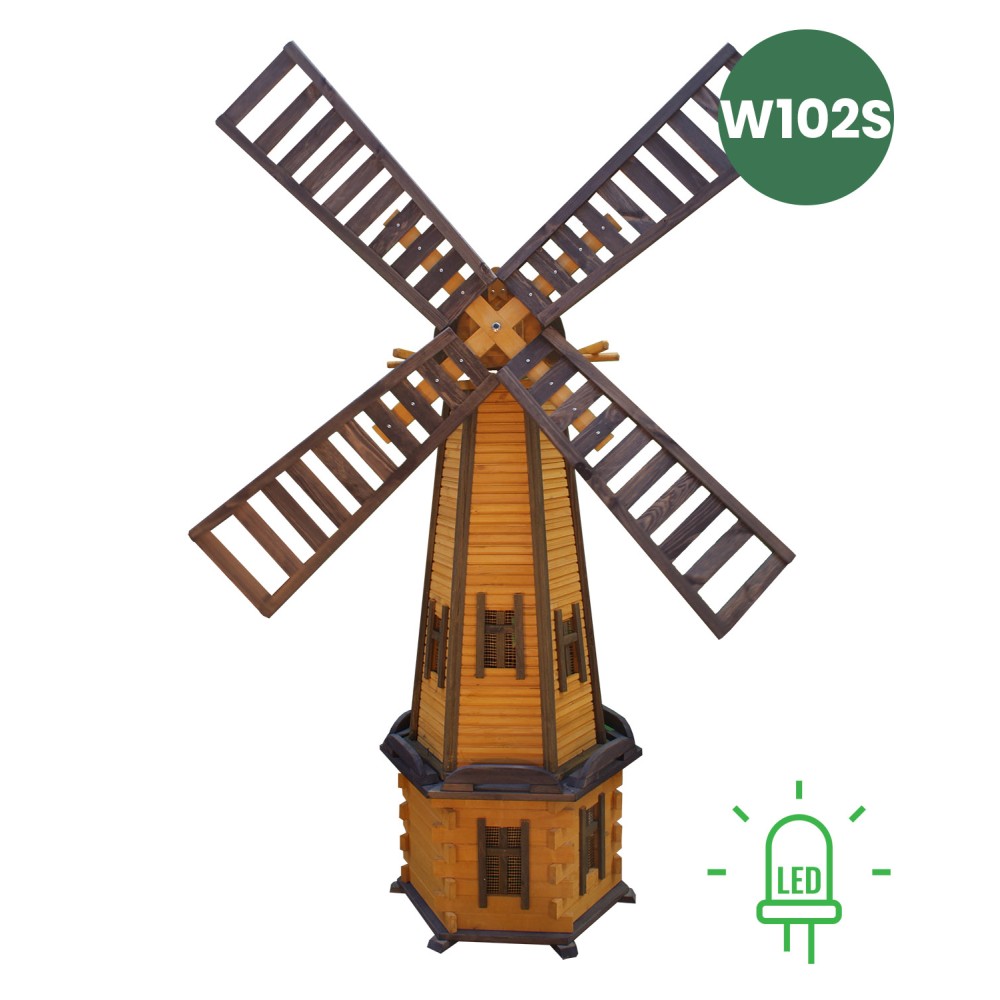 MKSTOR Drevený Solárny veterný mlyn 223cm s LED svetlom, záhradný, otočný, dekoračný W102S