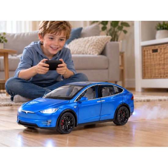 JOKO RC Kovové Auto Tesla X s Dymom, Led svetlo, na diaľkové ovládanie, otváracie dvere, modré