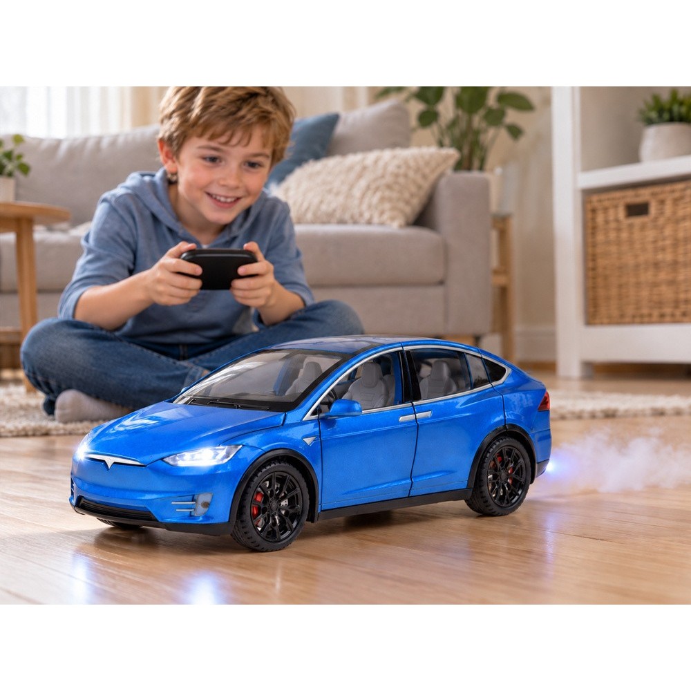 JOKO RC Kovové Auto Tesla X s Dymom, Led svetlo, na diaľkové ovládanie, otváracie dvere, modré