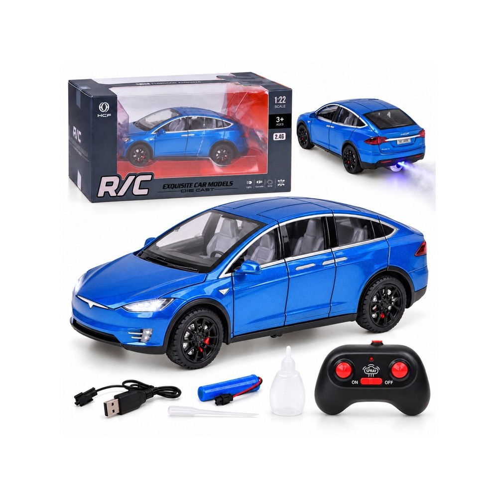 JOKO RC Kovové Auto Tesla X s Dymom, Led svetlo, na diaľkové ovládanie, otváracie dvere, modré