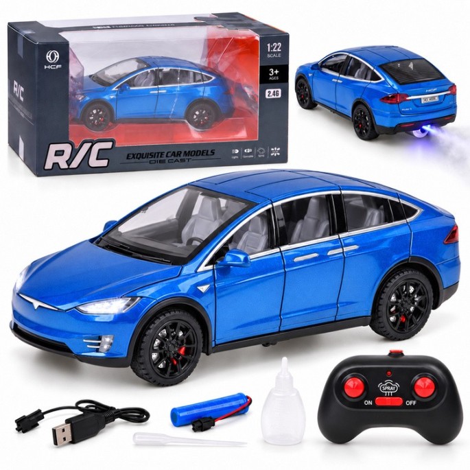 JOKO RC Kovové Auto Tesla X s Dymom, Led svetlo, na diaľkové ovládanie, otváracie dvere, modré
