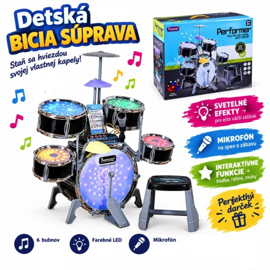 JOKO Detské bicie so stoličkou, mikrofónom, Svetlom a Zvukovými Efektami + Hudobný panel, MP3 kábel, čierne