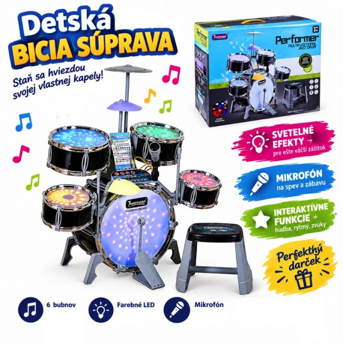 JOKO Detské bicie so stoličkou, mikrofónom, Svetlom a Zvukovými Efektami + Hudobný panel, MP3 kábel, čierne