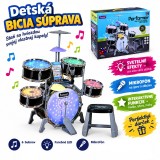 JOKO Detské bicie so stoličkou, mikrofónom, Svetlom a Zvukovými Efektami + Hudobný panel, MP3 kábel, čierne