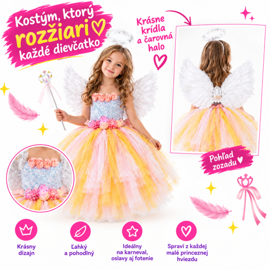JOKO Kostým Šaty pre malú princeznú + pohybujúce anjelské krídla z peria so svetlom a zvukom na batérie, palička, čelenka