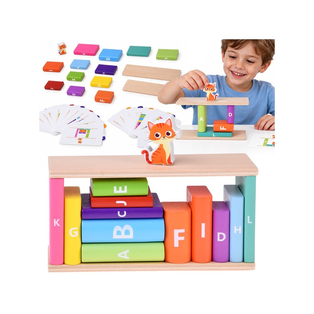 JOKO Drevená Balančná Puzzle Hra s Mačkou, kartičky