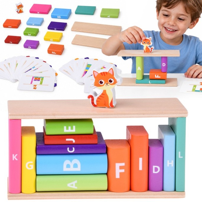 JOKO Drevená Balančná Puzzle Hra s Mačkou, kartičky