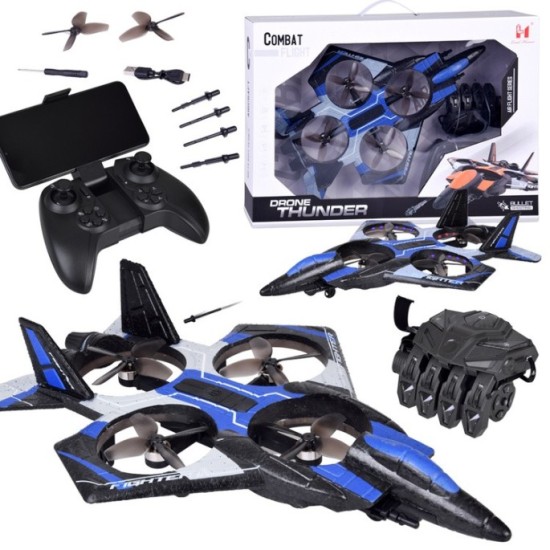 JOKO RC Dron Combat s Raketovým odpaľovačom, ovládanie rukavicou alebo diaľkovým ovládaním s Funkciou Streľby, modrý