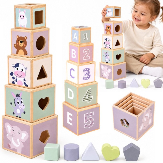 JOKO Drevená Vzdelávacia Pyramída, drevené kocky s vkladačkou, čísla, písmená, zvieratká