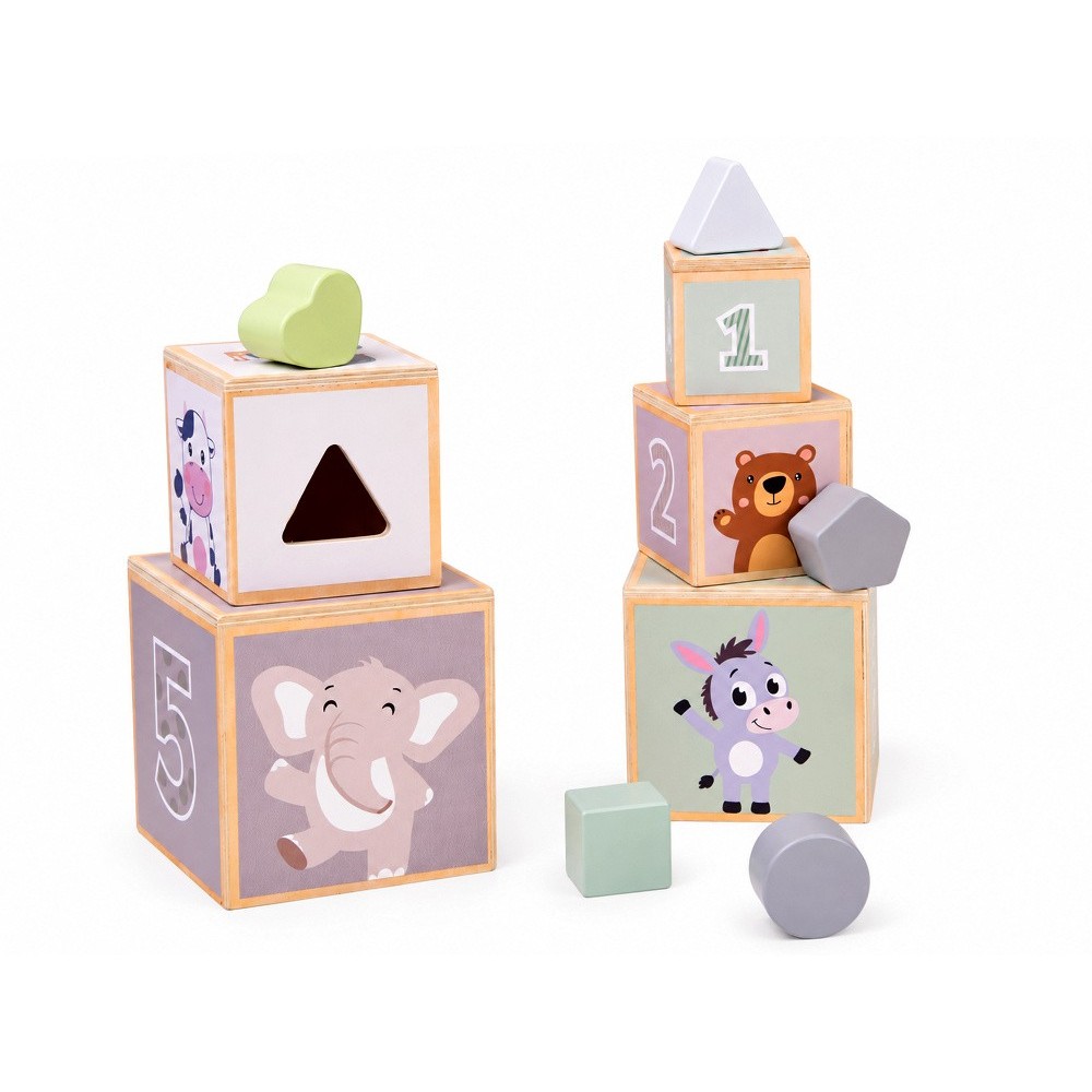 JOKO Drevená Vzdelávacia Pyramída, drevené kocky s vkladačkou, čísla, písmená, zvieratká