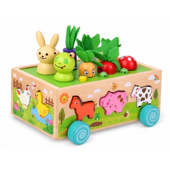 JOKO Drevený Multifunkčný vozík s vkladačkou, červníky s magnetom, zelenina, zvieratká