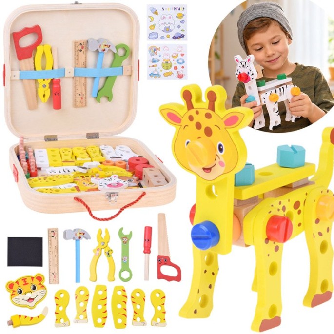 JOKO Drevená Konštrukčná Sada Urob si sám Zvieratká žirafa, zebra, tiger, drevený kufrík, náradie, nálepky