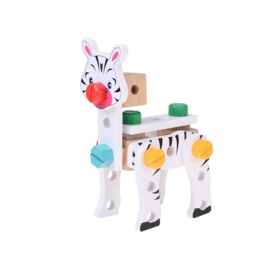 JOKO Drevená Konštrukčná Sada Urob si sám Zvieratká žirafa, zebra, tiger, drevený kufrík, náradie, nálepky