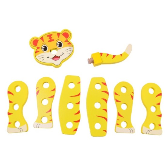 JOKO Drevená Konštrukčná Sada Urob si sám Zvieratká žirafa, zebra, tiger, drevený kufrík, náradie, nálepky