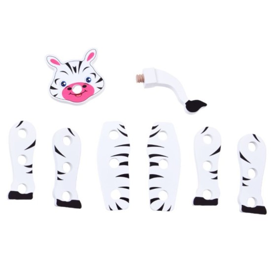 JOKO Drevená Konštrukčná Sada Urob si sám Zvieratká žirafa, zebra, tiger, drevený kufrík, náradie, nálepky