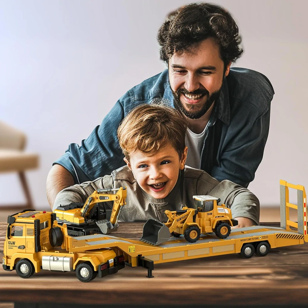 JOKO Interaktívna Sada Nákladné Odťahové Auto s Návesom 48cm, so svetlom a zvukom + Bager, Buldozér