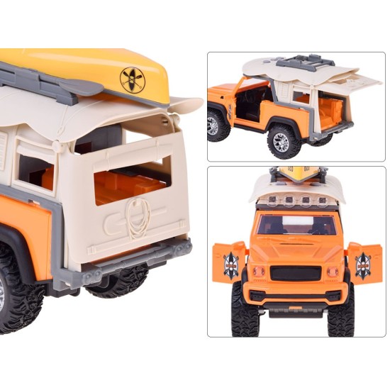 JOKO Terénne auto Jeep s kajakom Campingový Set – trecí pohon, Led svetlo a zvukové efekty