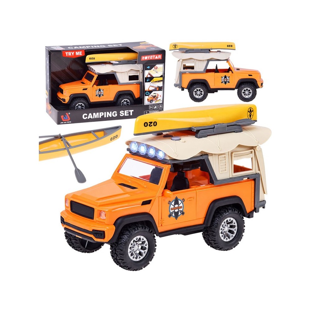 JOKO Terénne auto Jeep s kajakom Campingový Set – trecí pohon, Led svetlo a zvukové efekty