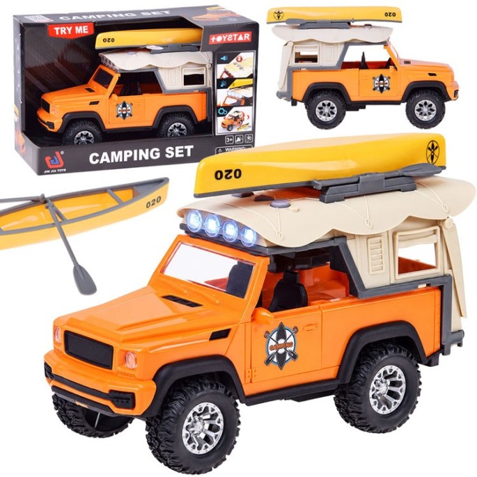 JOKO Terénne auto Jeep s kajakom Campingový Set – trecí pohon, Led svetlo a zvukové efekty