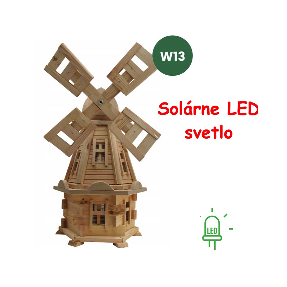 MKSTOR Drevený Solárny veterný mlyn záhradný otočný dekoračný 85cm s LED osvetlením, Natural Nelakovaný