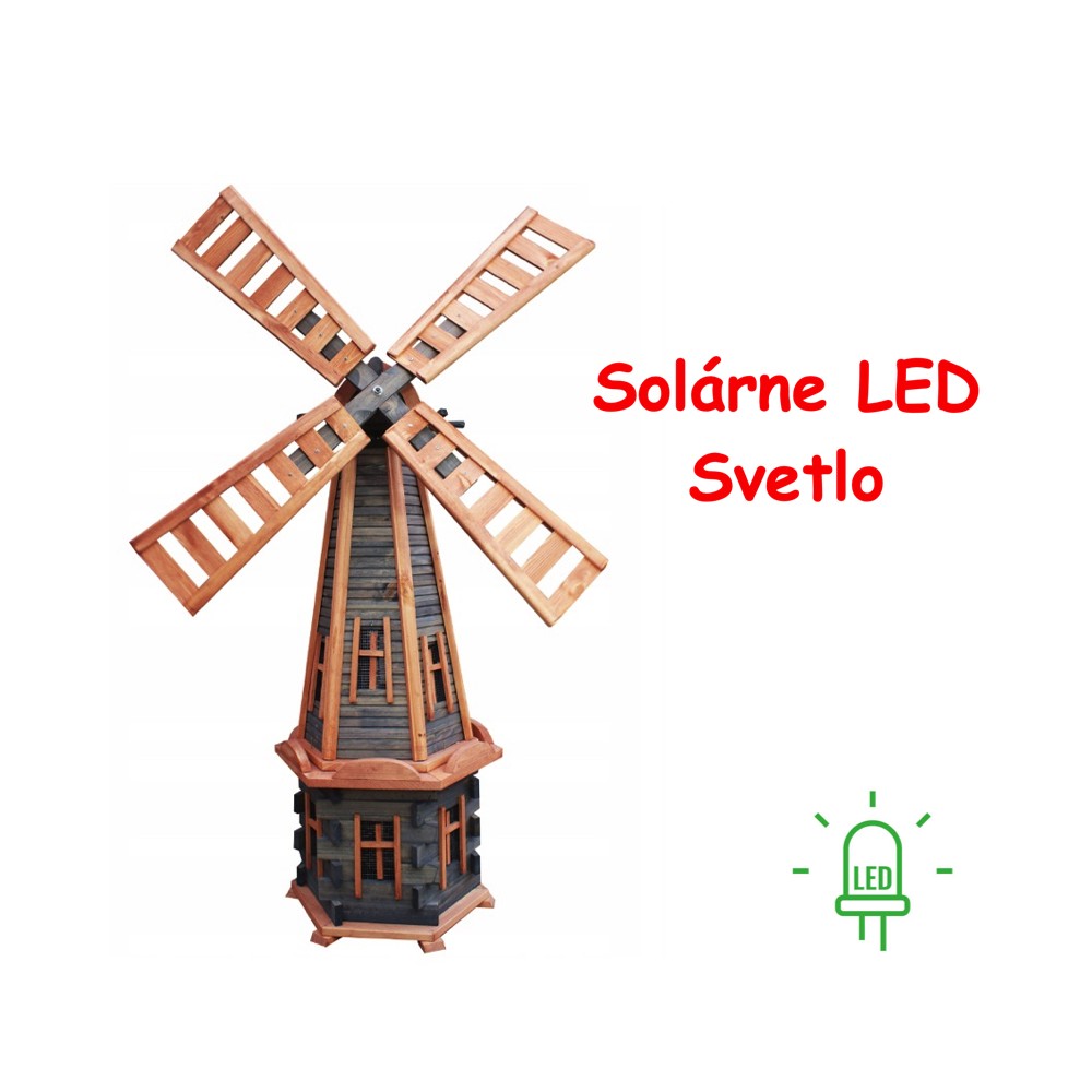 MKSTOR Drevený Solárny veterný mlyn 170cm s LED svetlom, záhradný, otočný, dekoračný, palisander a jelša W77S