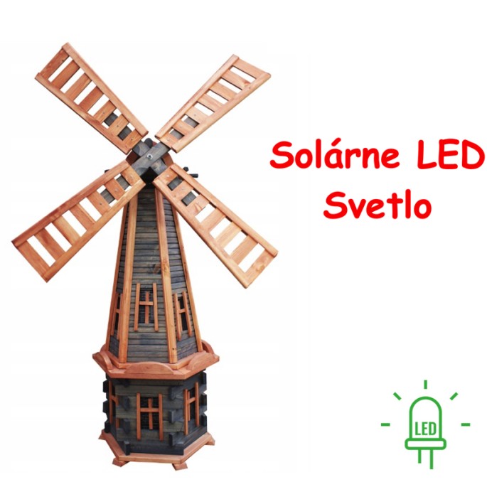 MKSTOR Drevený Solárny veterný mlyn 170cm s LED svetlom, záhradný, otočný, dekoračný, palisander a jelša W77S