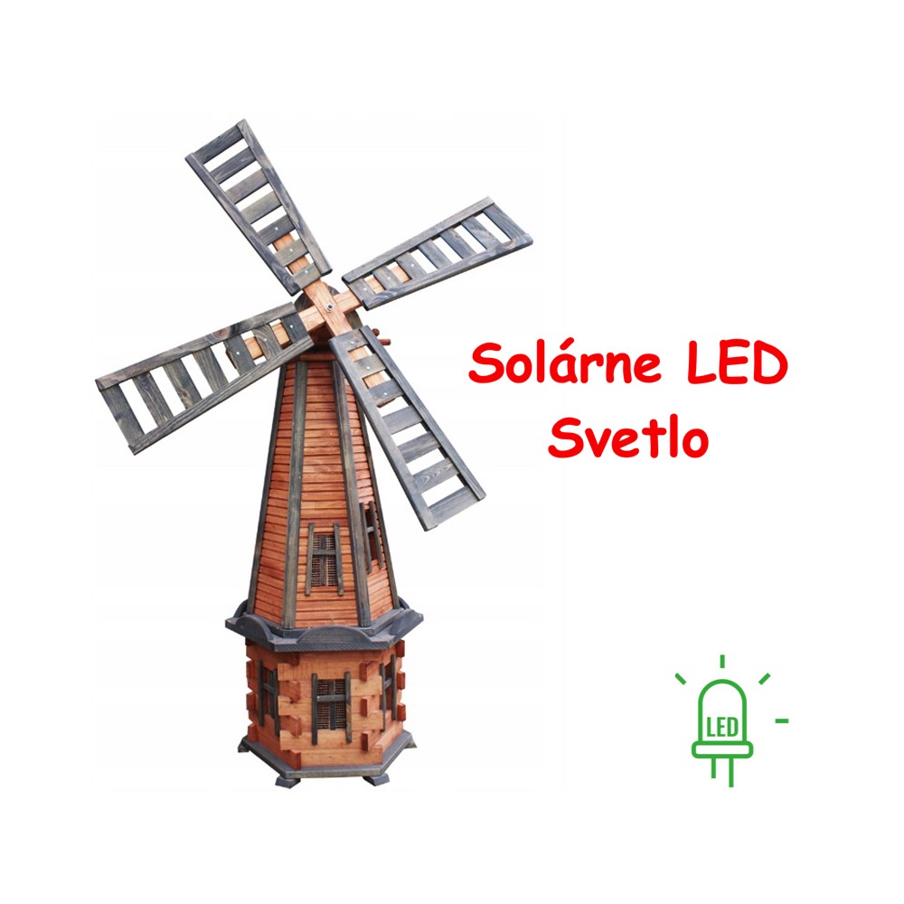 MKSTOR Drevený Solárny veterný mlyn 170cm s LED svetlom, záhradný, otočný, dekoračný, jelša a palisander W78S
