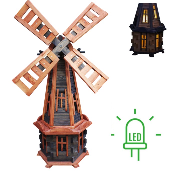 MKSTOR Drevený Solárny veterný mlyn 135cm s LED svetlom, záhradný, otočný, dekoračný, W57S