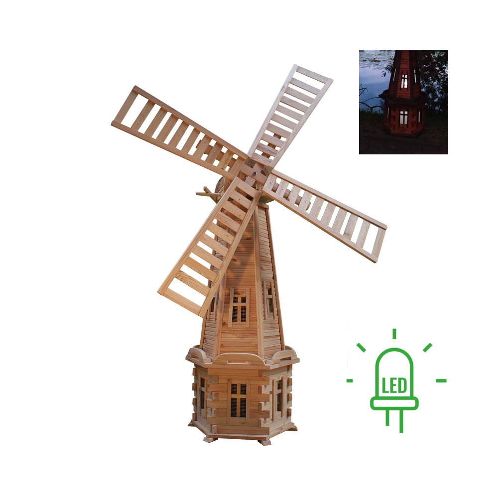 MKSTOR Drevený Solárny veterný mlyn 223cm s LED svetlom, záhradný, otočný, dekoračný, natural Nelakovaný W10S