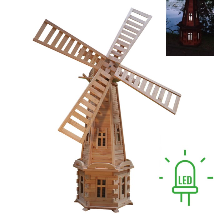 MKSTOR Drevený Solárny veterný mlyn 223cm s LED svetlom, záhradný, otočný, dekoračný, natural Nelakovaný W10S