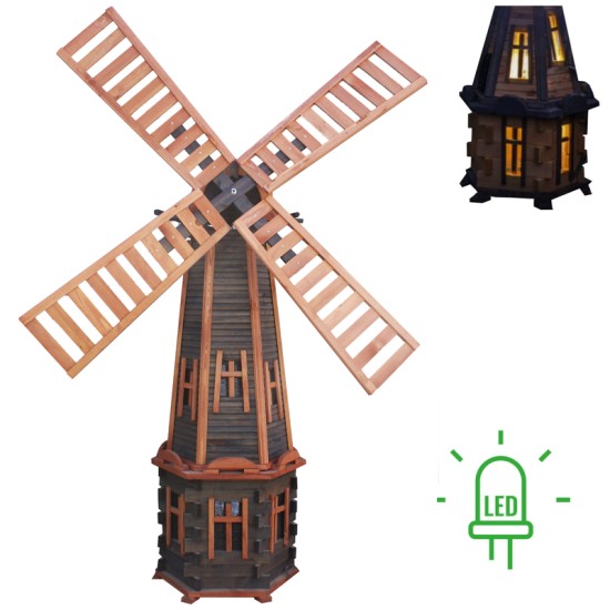 MKSTOR Drevený Solárny veterný mlyn 223cm s LED svetlom, záhradný, otočný, dekoračný W107S