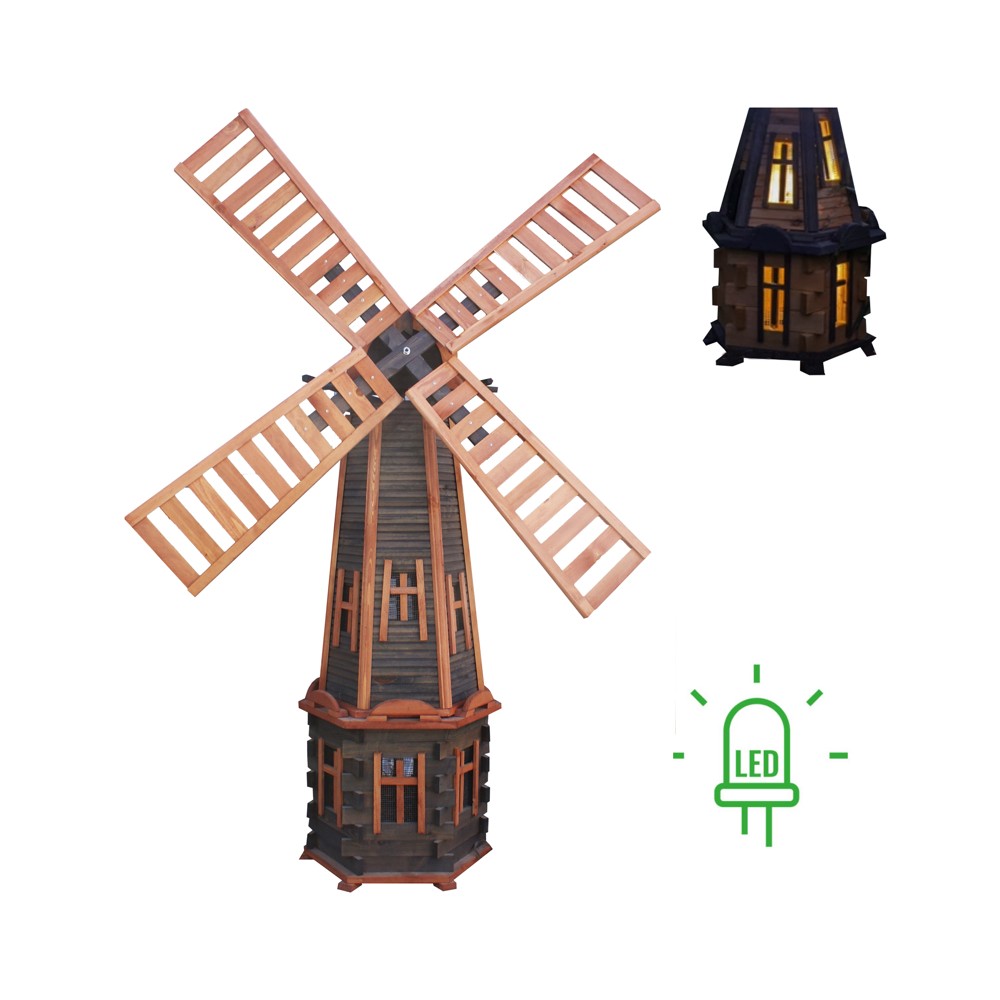 MKSTOR Drevený Solárny veterný mlyn 223cm s LED svetlom, záhradný, otočný, dekoračný W107S