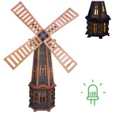 MKSTOR Drevený Solárny veterný mlyn 223cm s LED svetlom, záhradný, otočný, dekoračný W107S