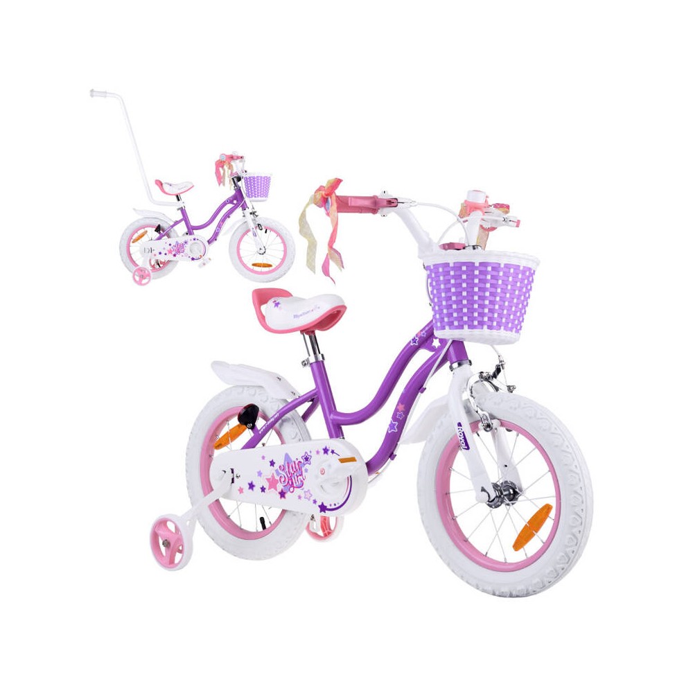RoyalBaby Detský Bicykel STAR GIRL 14" s košíkom a zvončekom + vodiaca tyč, fialový
