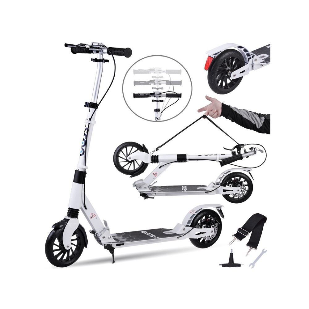 JOKO Veľká Skladacia Hliníková Kolobežka City Scooter s Brzdou a Odpružením + Popruh, nosnosť 100kg, biela