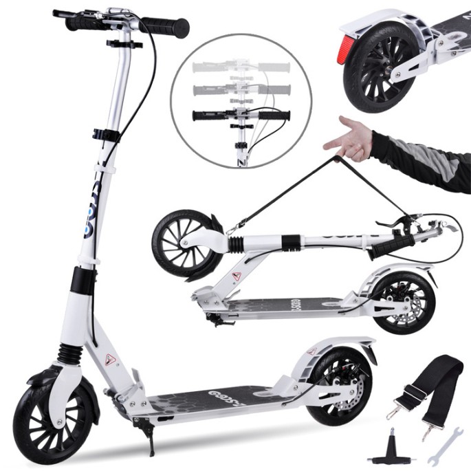 JOKO Veľká Skladacia Hliníková Kolobežka City Scooter s Brzdou a Odpružením + Popruh, nosnosť 100kg, biela