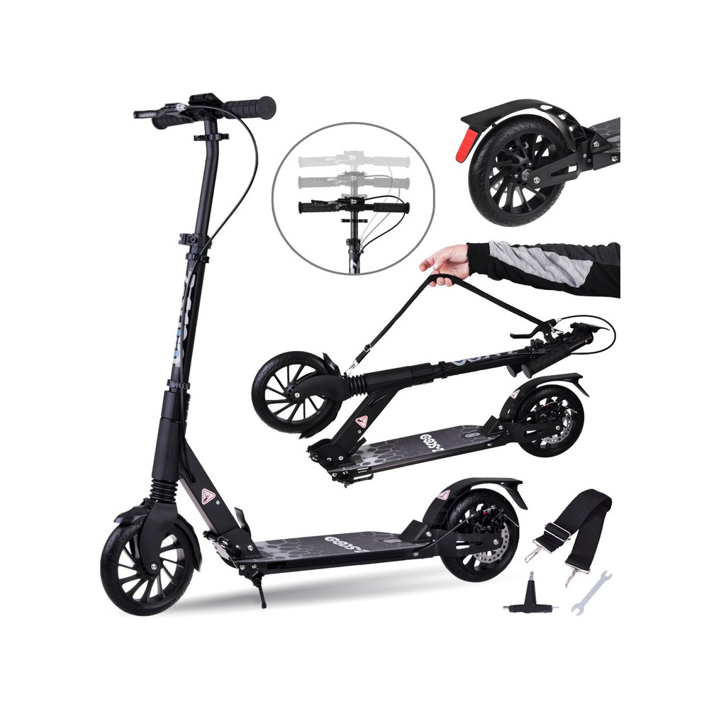 JOKO Veľká Skladacia Hliníková Kolobežka City Scooter s Brzdou a Odpružením + Popruh, nosnosť 100kg, čierna
