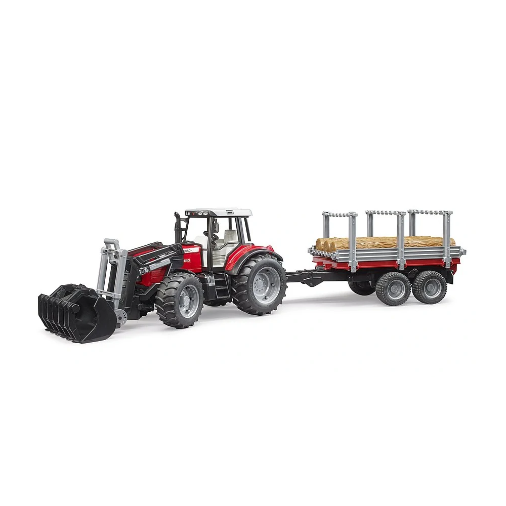 Bruder, Traktor Massey Ferguson 7480 s predným nakladačom a prívesom na drevo, 1:16