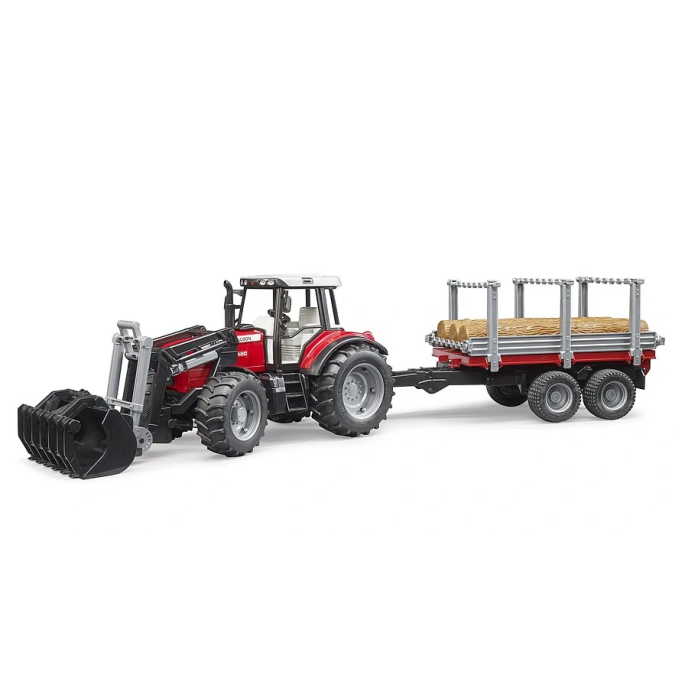 Bruder, Traktor Massey Ferguson 7480 s predným nakladačom a prívesom na drevo, 1:16