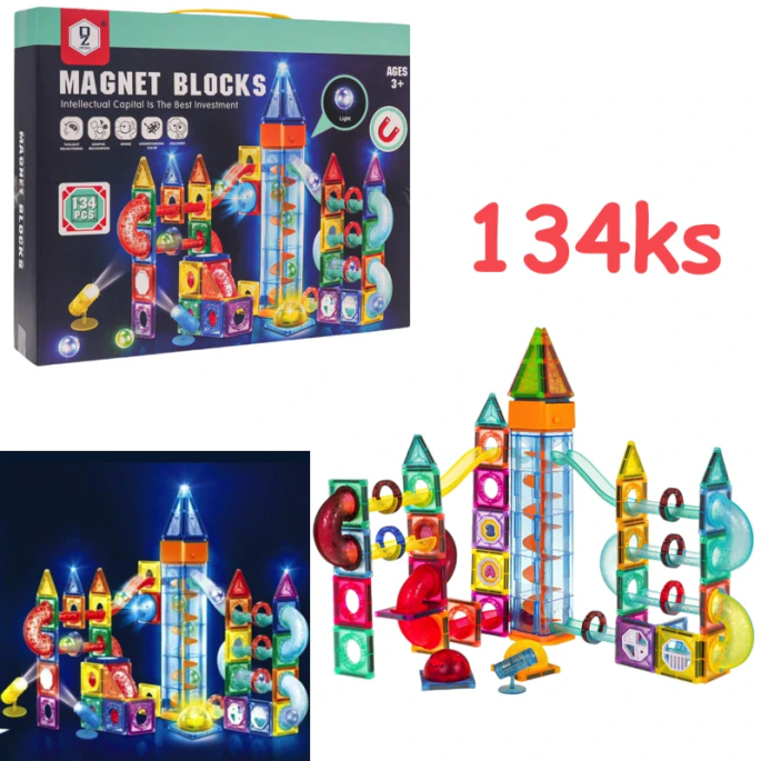 JOKO Magnetické Kocky Guličková Dráha s LED svetlom 134ks