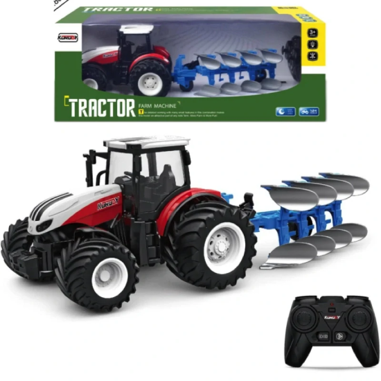 JOKO RC Traktor s Pluhom a svetlom na diaľkové ovládanie 1:24, červený
