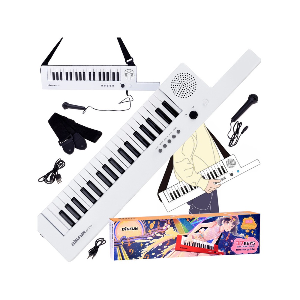 JOKO Gitarové Elektronické Klávesy, elektrický klavír s mikrofónom a Popruhom na rameno + USB nabíjací port, biele