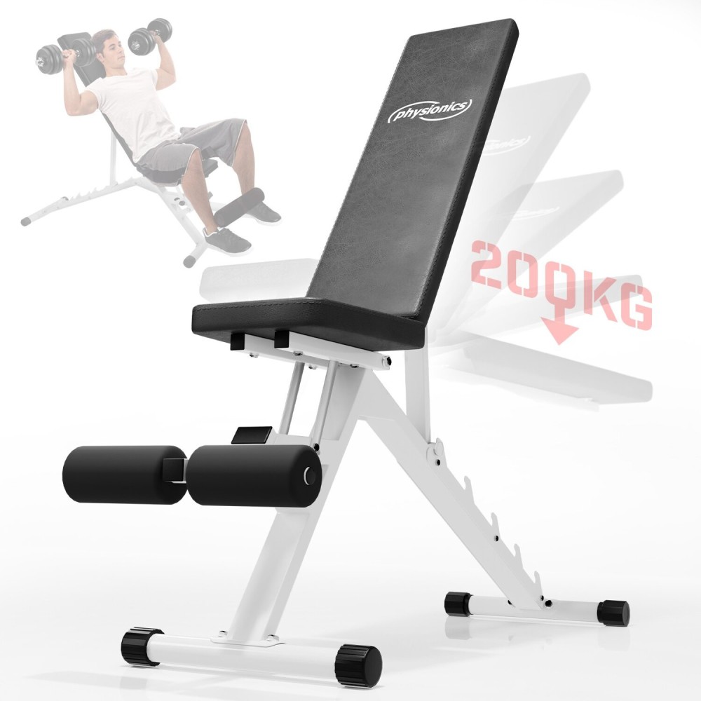 PHYSIONICS Posilňovacia Lavica, Lavička na Cvičenie Regulovateľná, nosnosť 200kg, biela